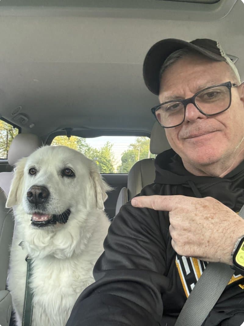 Rosie and Sean in the car, today