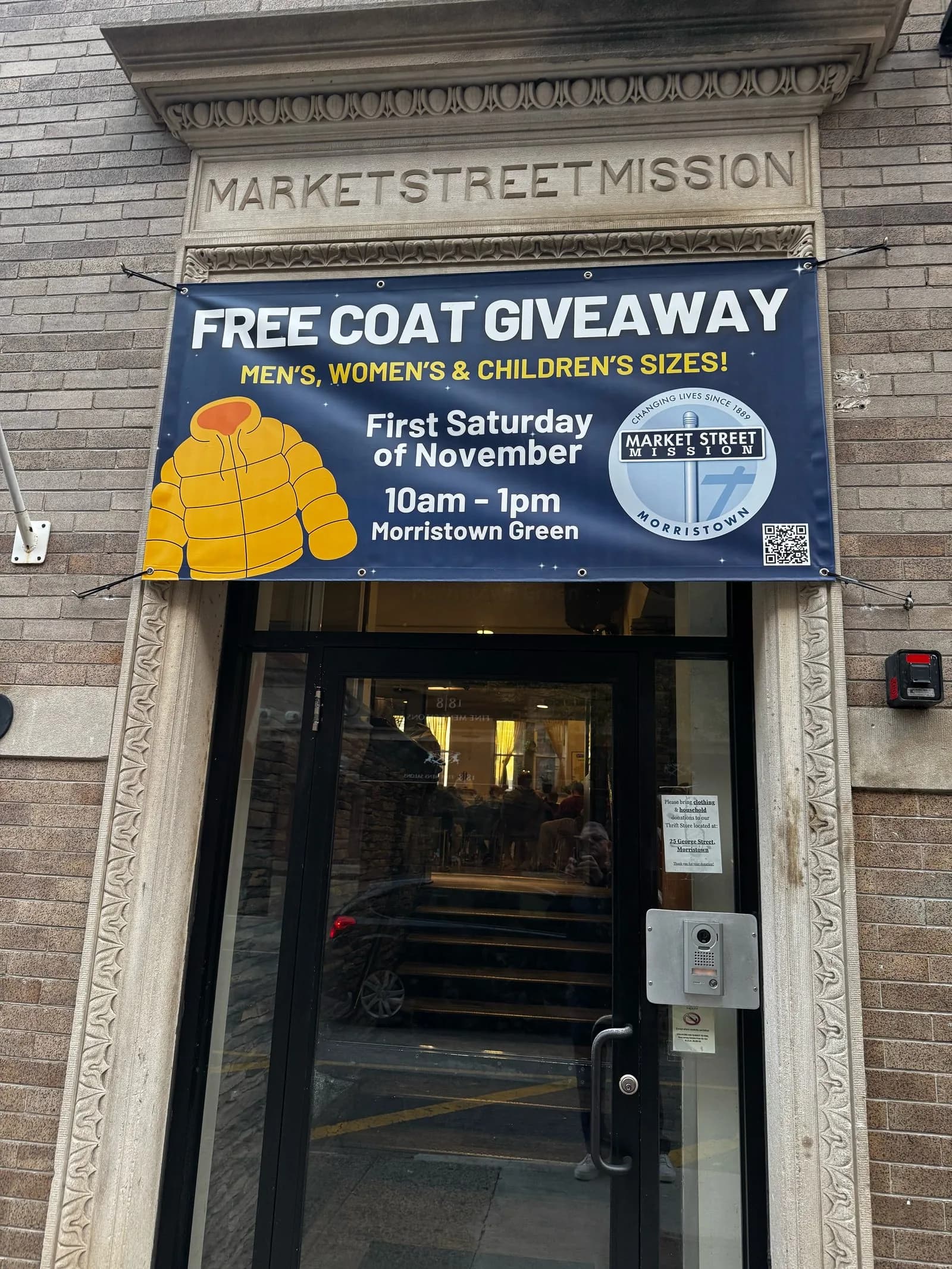 Market Street Mission Free Coat Giveaway banner, first Saturday of November, 10am to 1pm, Morristown Green